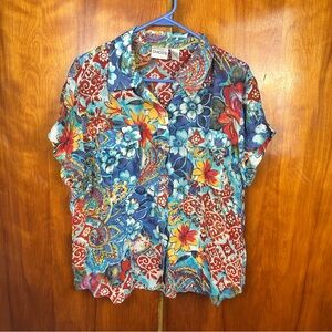 Chico's Colorful Floral Button Down Shirt - Red, Blue, Orange XL